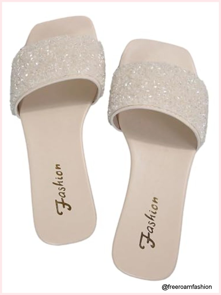 Rhinestone Slip On Dressy Sandals Vacation Square Open Toe Leather Flats